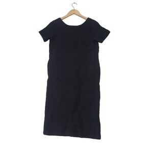 Meg Collection Waffle Knit Dress Womens Medium‎ Black Cotton Pocket Midi Shift